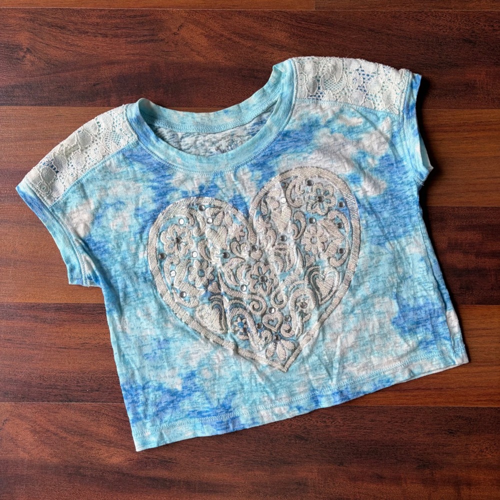 Justice Girls Blue Tie Dye Heart Rhinestone Lace Crop Top Size 7
